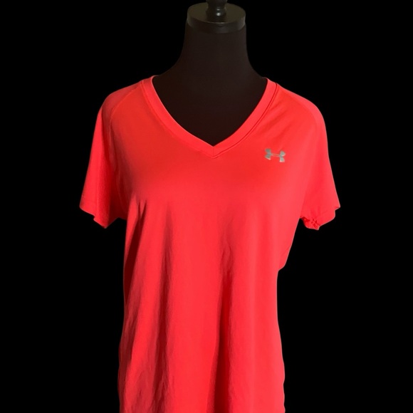 Under Armour Tee Heat Gear Active V-Neck Coral Orange Semi-Fitted Size Large - Picture 1 of 10
